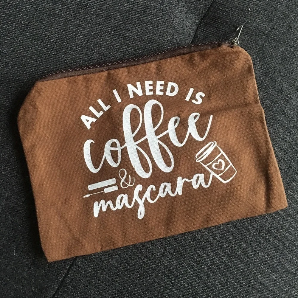 “All I Need is Coffee & Mascara” Makeup Bag, Travel Pouch, Brown, White